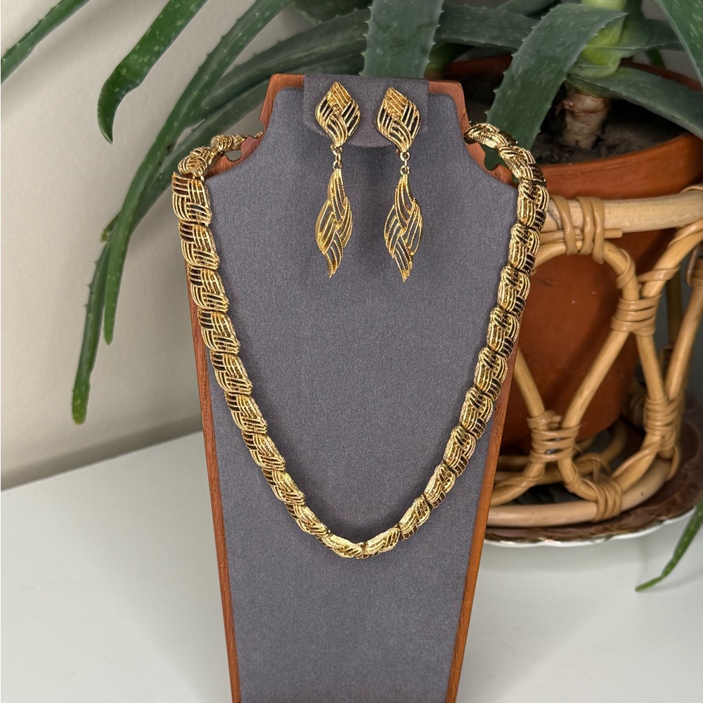 Vintage Monet Gold Tone Woven Necklace & Earrings Set, 1980s Clip-On Jewelry